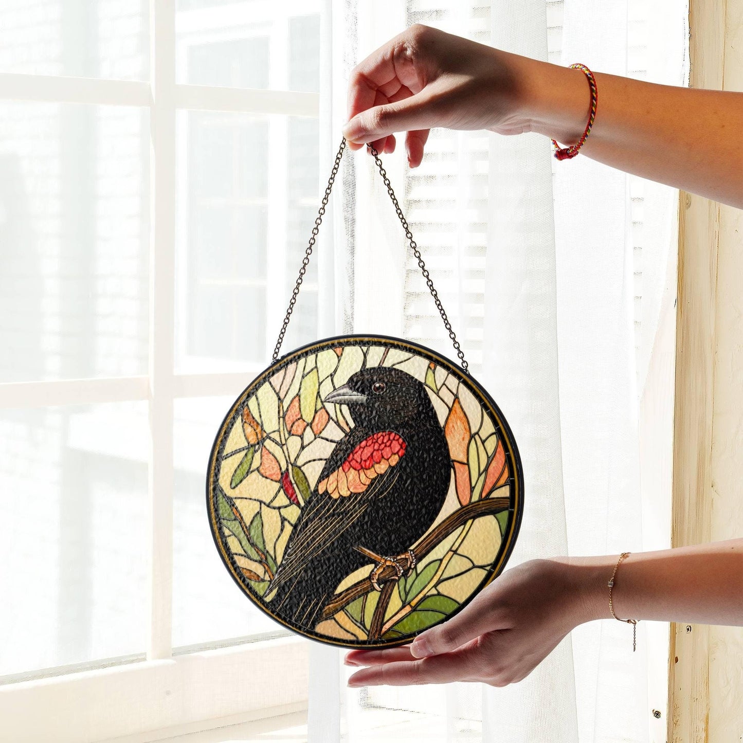 Red Winged Blackbird Stained Glass Sun Catcher - Bird Lover Window Decoration