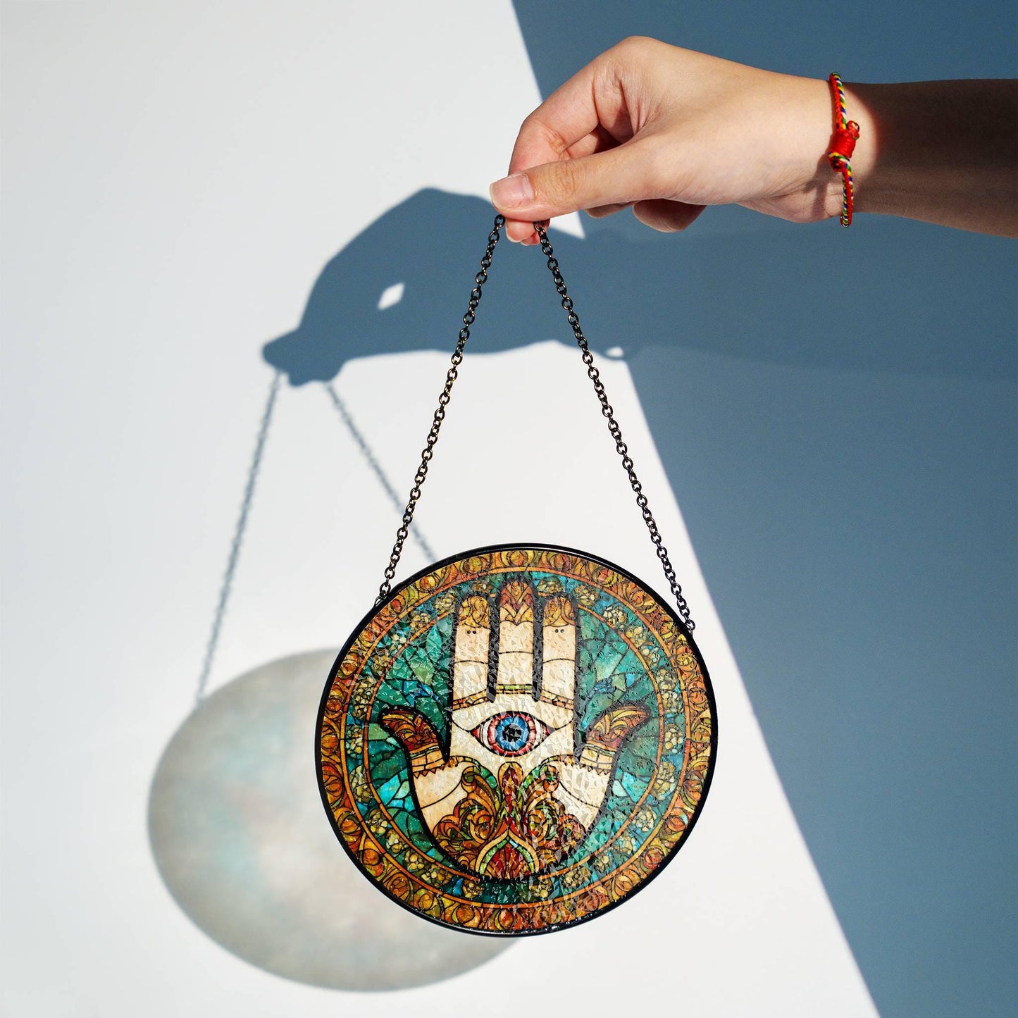 Hamsa Hand Stained Glass Sun Catcher - Hand of Fatima Window Hanging Decor