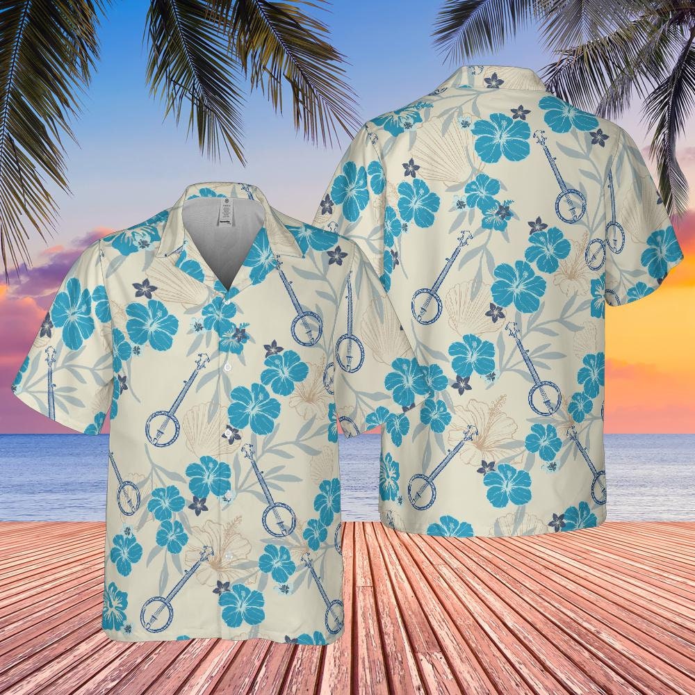 Banjo Hawaiian Shirt, Banjo Shirt Hibiscus Banjo Player Short-sleeve Button Down Shirt Banjoist Shirt Gift For Banjoist