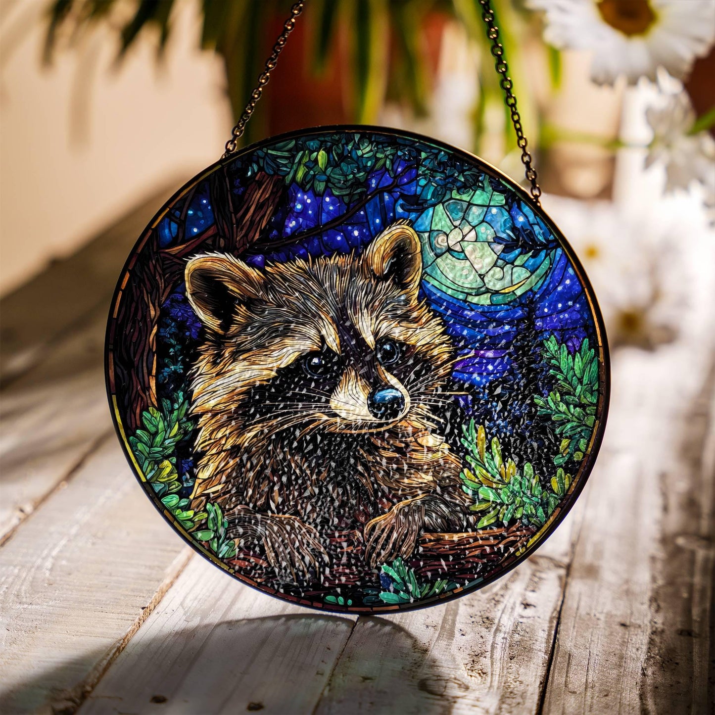 Raccoon At Night Stained Glass SunCatcher Raccoon Window Hanging Home Decoration