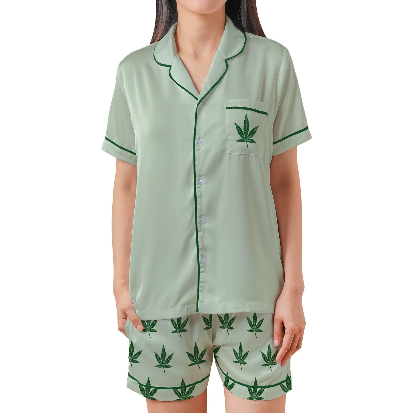 Weed Pajama Set - Stoner Womens Satin Stoner Short Sleeve Shorts Cannabis
