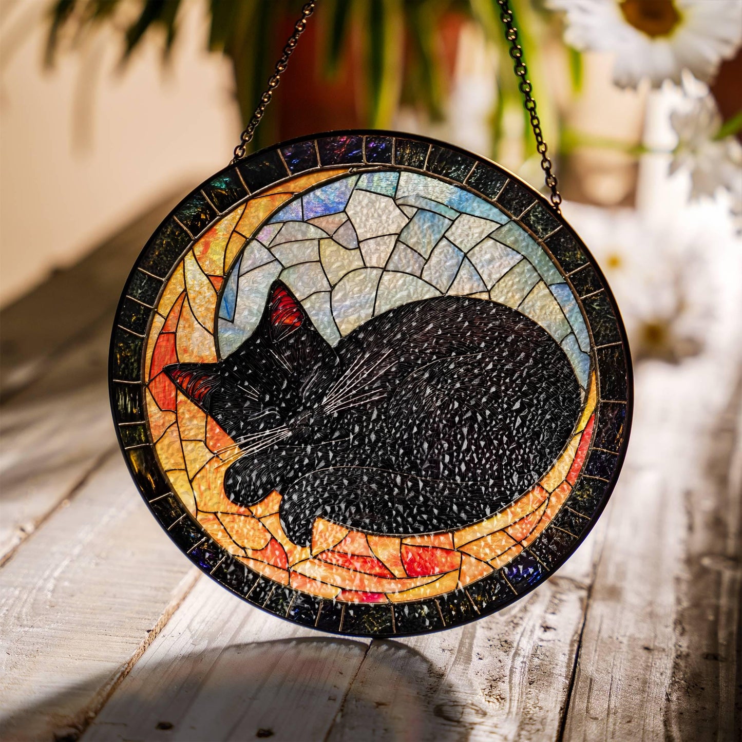 Sleeping Cat on Books Stained Glass Cat Memorial SunCatcher Window Hanging