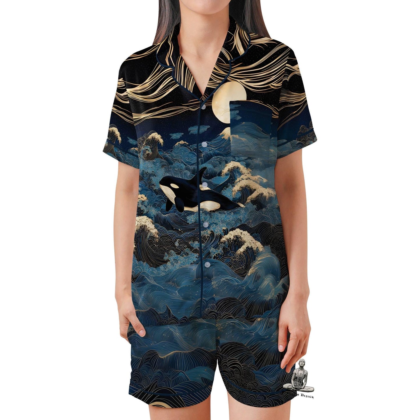 Orca Pajama Set Short Sleeves, Killer Whale Woman's Satin Pajamas Ocean Lover