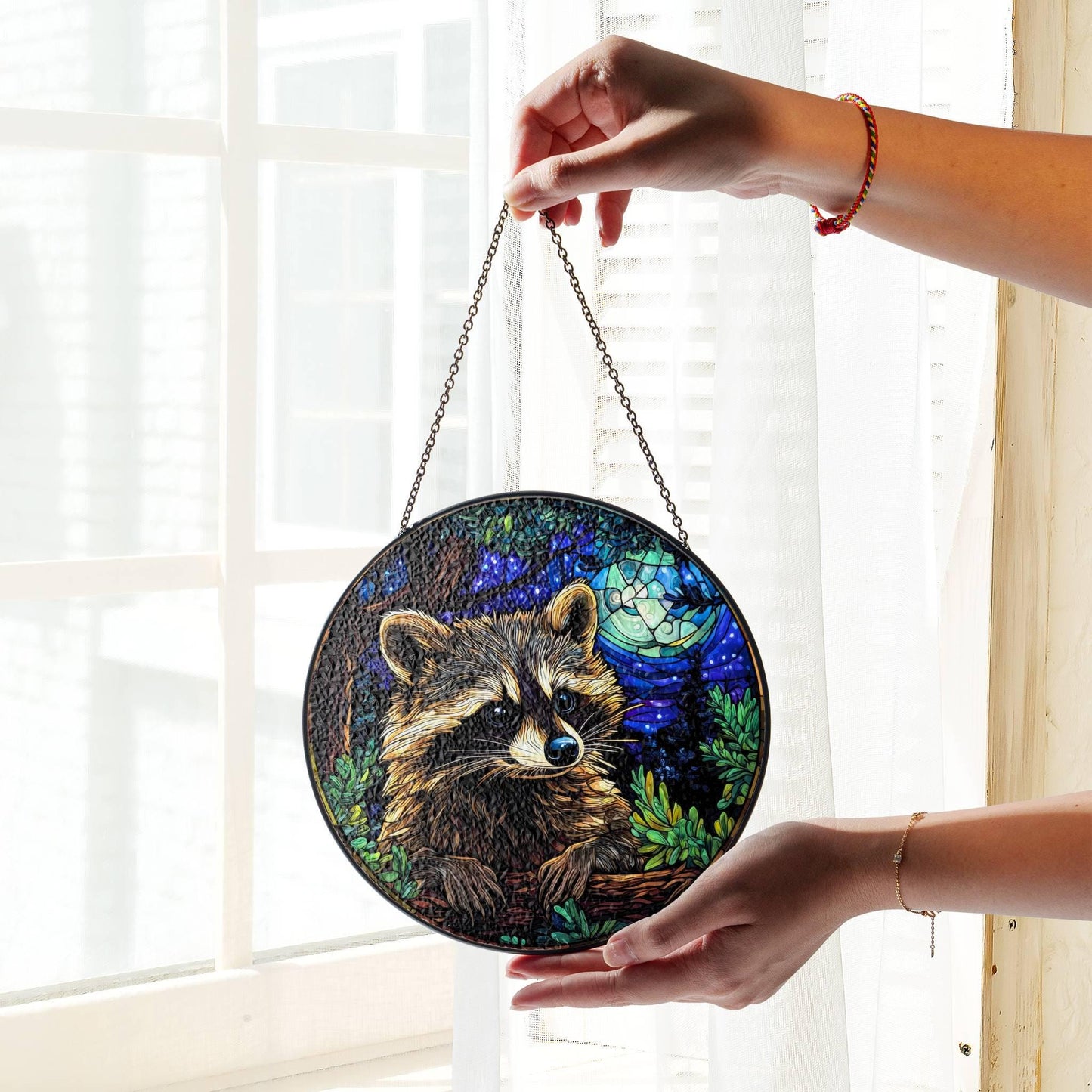 Raccoon At Night Stained Glass SunCatcher Raccoon Window Hanging Home Decoration