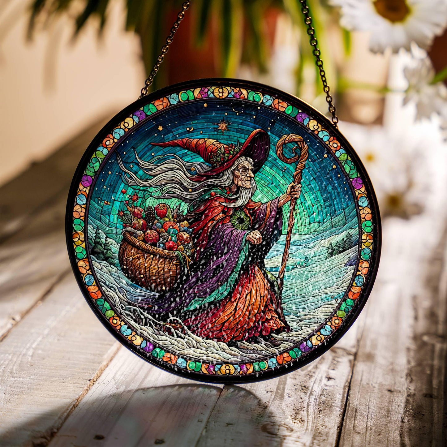 La Befana Suncatcher Faux Stained Glass Italian Christmas Baboushka Window Decor