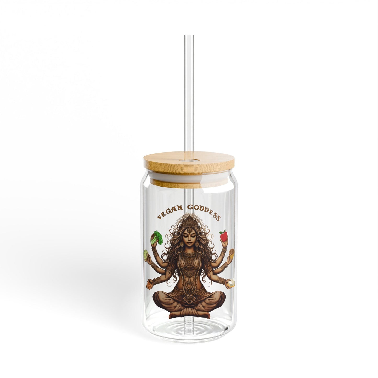 Vegan Glass Tumbler - 16oz Sipper with Bamboo Lid Vegetable Lover Cup