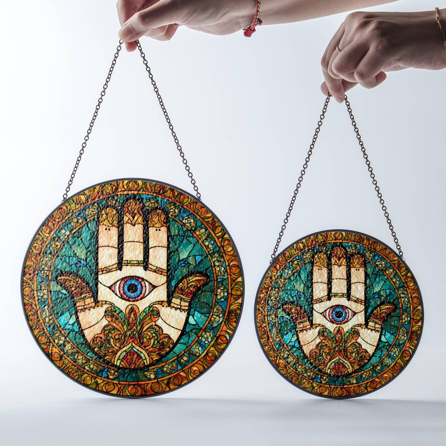 Hamsa Hand Stained Glass Sun Catcher - Hand of Fatima Window Hanging Decor