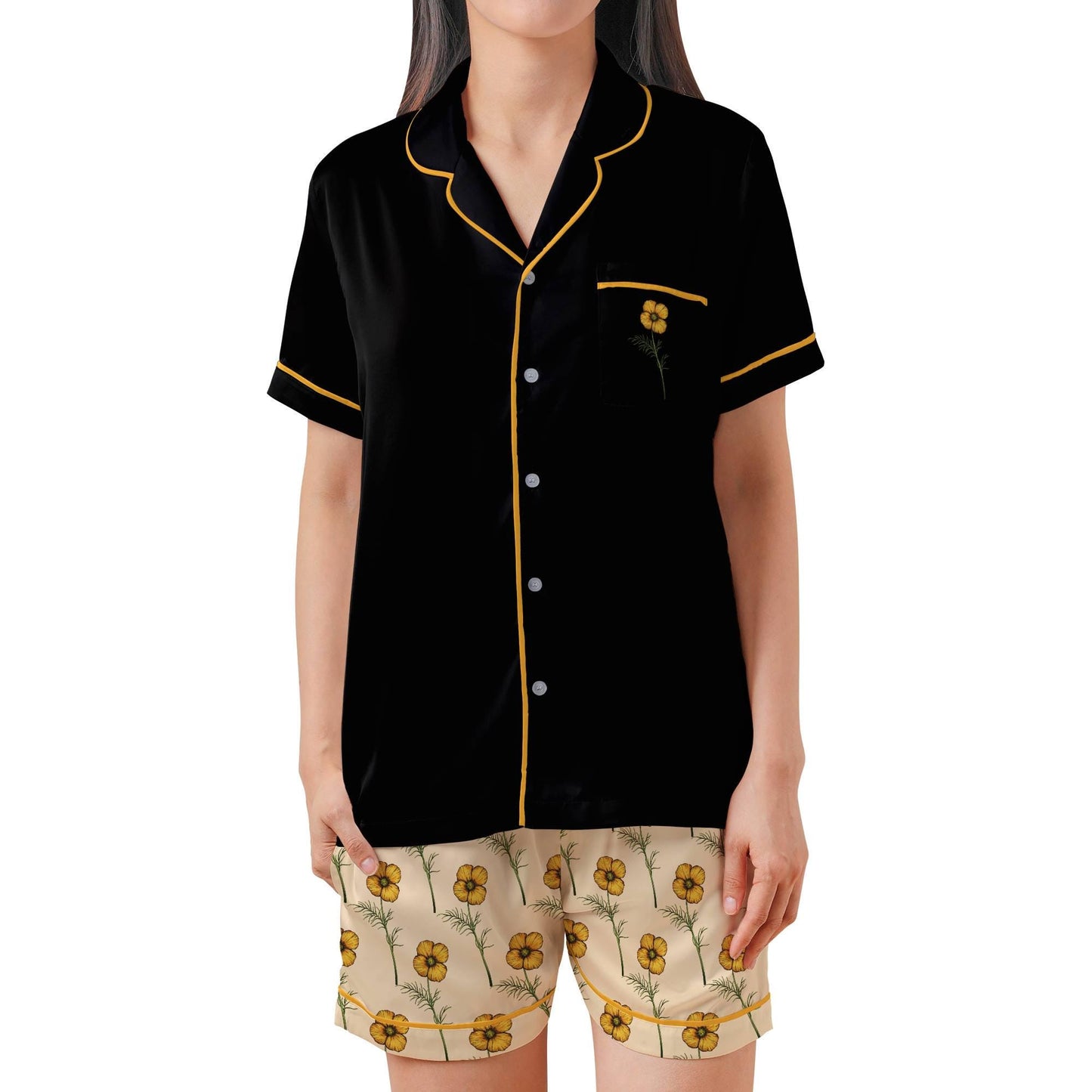 California Poppy Satin Pajama Set - Womens Short Sleeve Poppy Floral Sleepwear