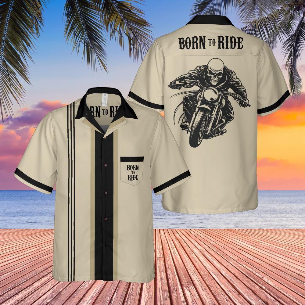 Born to Ride Motorcycle Button Up Shirt with Pocket, Biker Short-sleeve Hawaiian Shirt Motorcycle Rider Gifts