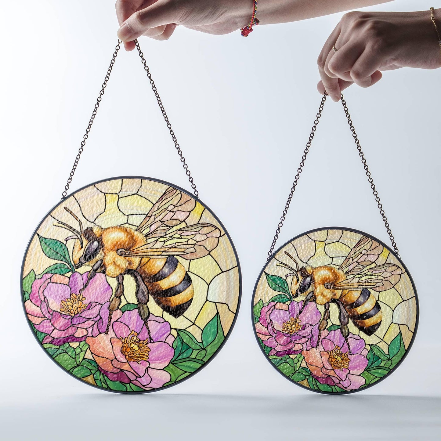 Bee Stained Glass SunCatcher Honey Bee with Flowers Window Hanging Decor