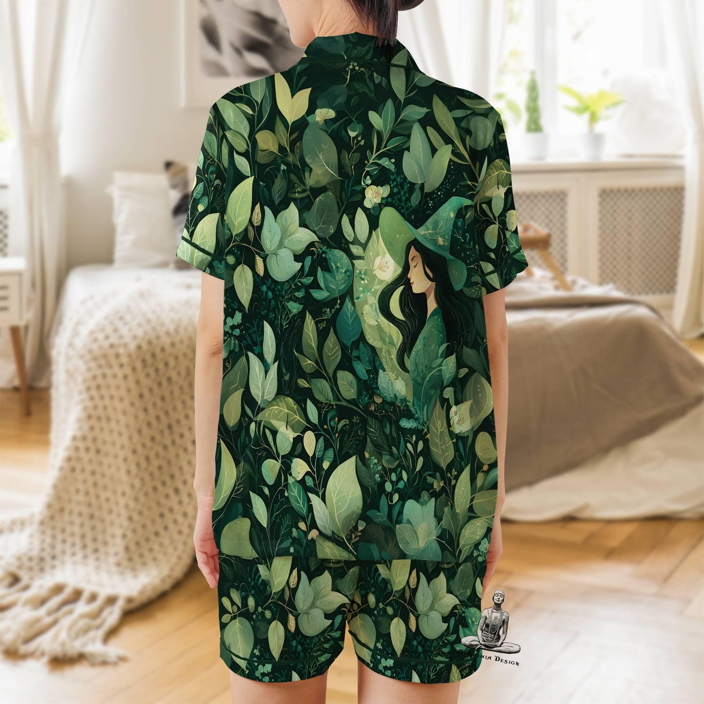 Green Witch Satin Pajama Set - Short Sleeve Wiccan Gift for Plant Lovers Witch