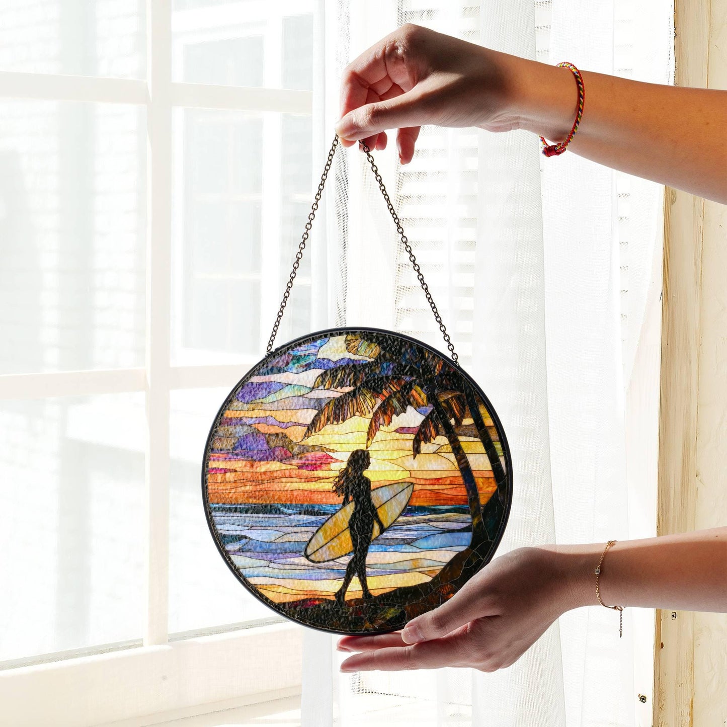 Surfing Stained Glass Sun Catcher - Beach Sunset Window Decor for Surf Lovers