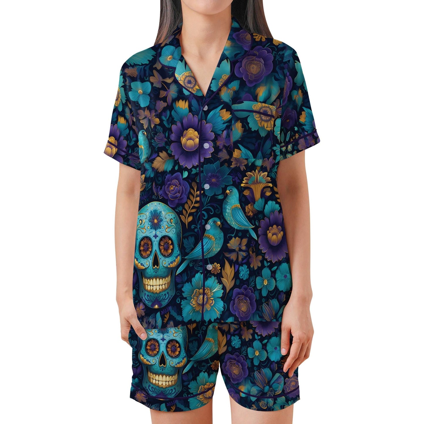 Day of the Dead Satin Pajama Set - Womens Sugar Skull Short Sleeves