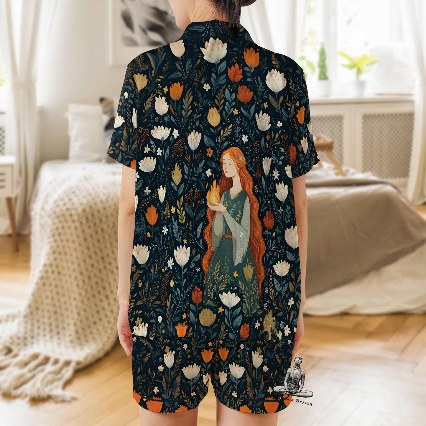 Brigid Pajamas Set Short Sleeves, Brigit Celtic Goddess Woman's Satin Pajama