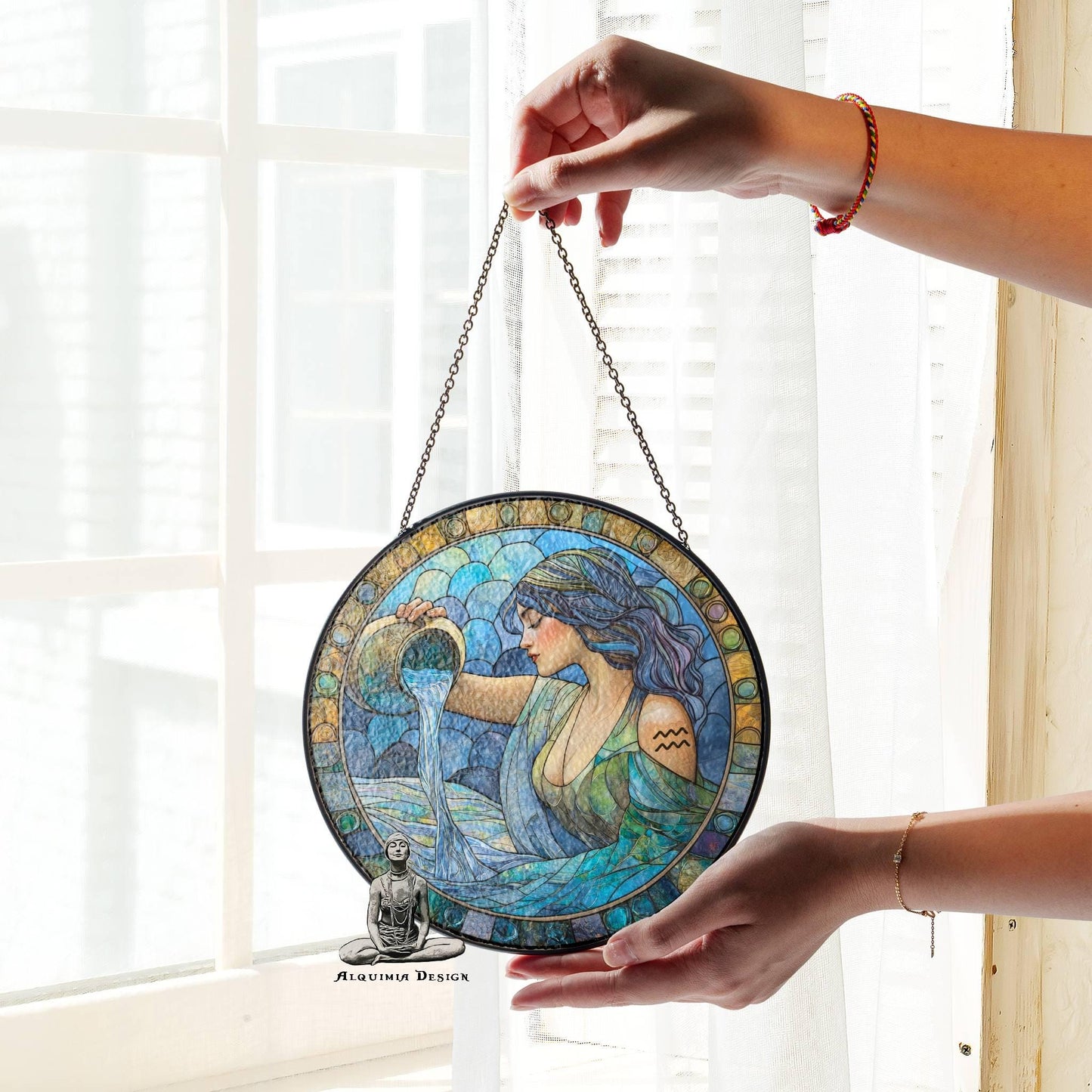 Aquarius Stained Glass Zodiac SunCatcher Aquarius Gift Window Hanging