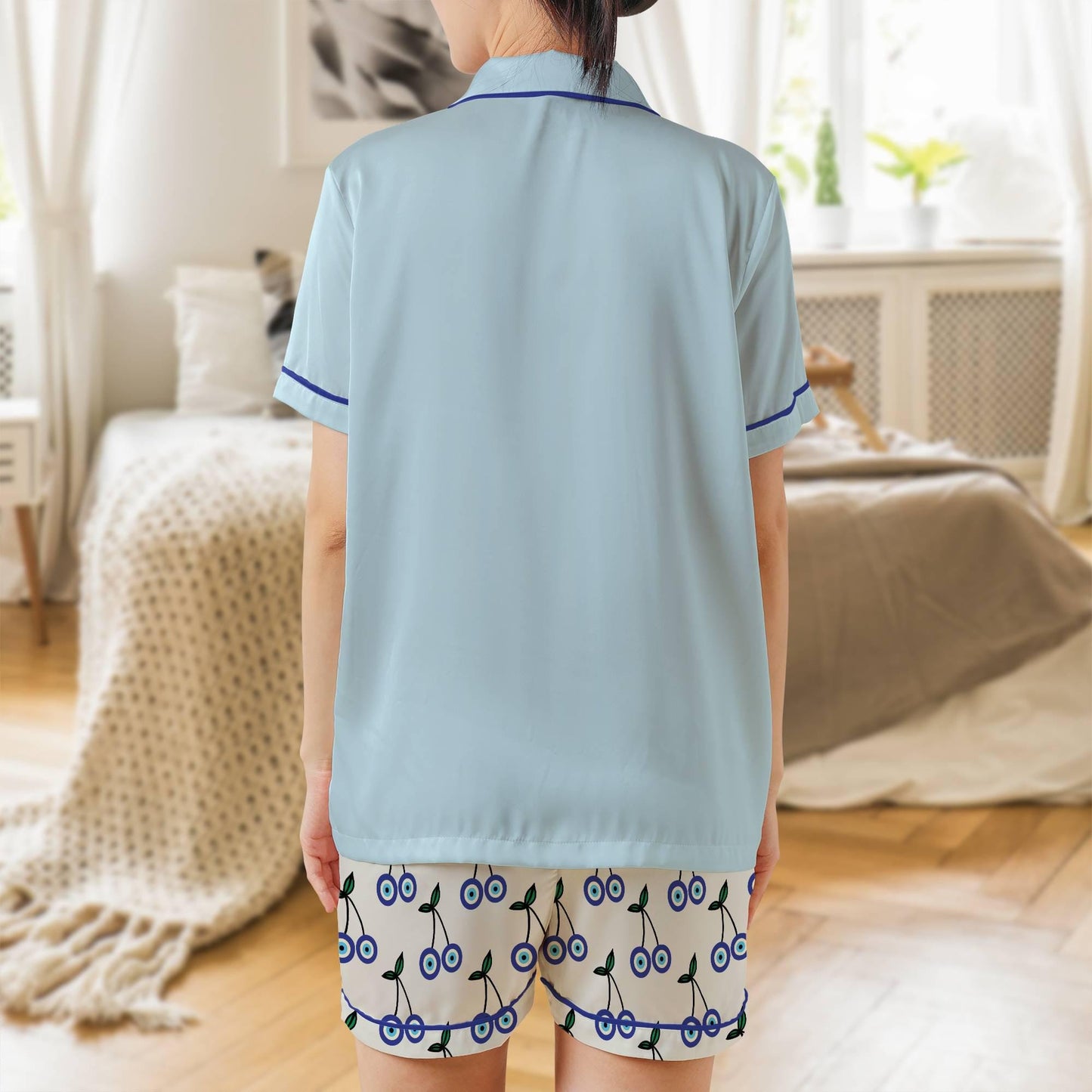 Evil Eye Cherry Satin Pajama Set - Protection Womens Short Sleeve Sleepwear