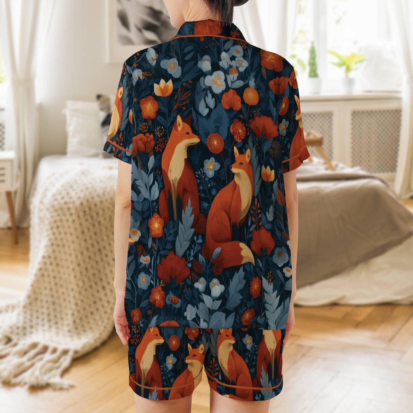 Fox Pajama Set Short Sleeves Red Fox Woman's Colorful Satin Pajama Short Sleeve