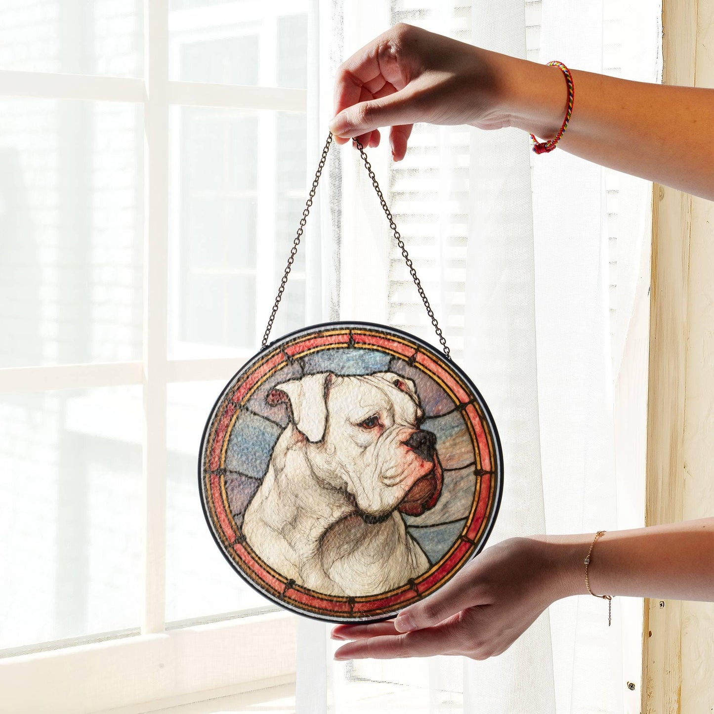 White Boxer Stained Glass Sun Catcher - Dog Light Catcher Window Decoration