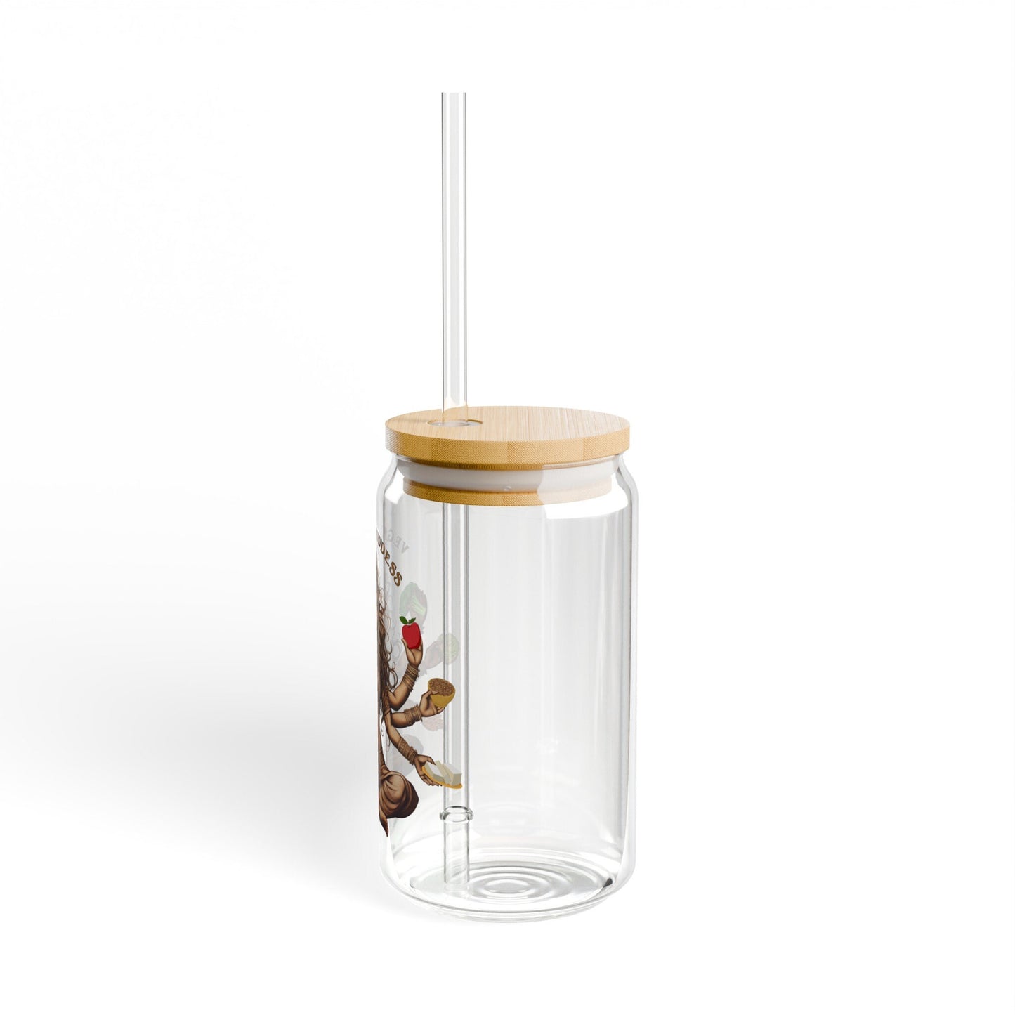 Vegan Glass Tumbler - 16oz Sipper with Bamboo Lid Vegetable Lover Cup