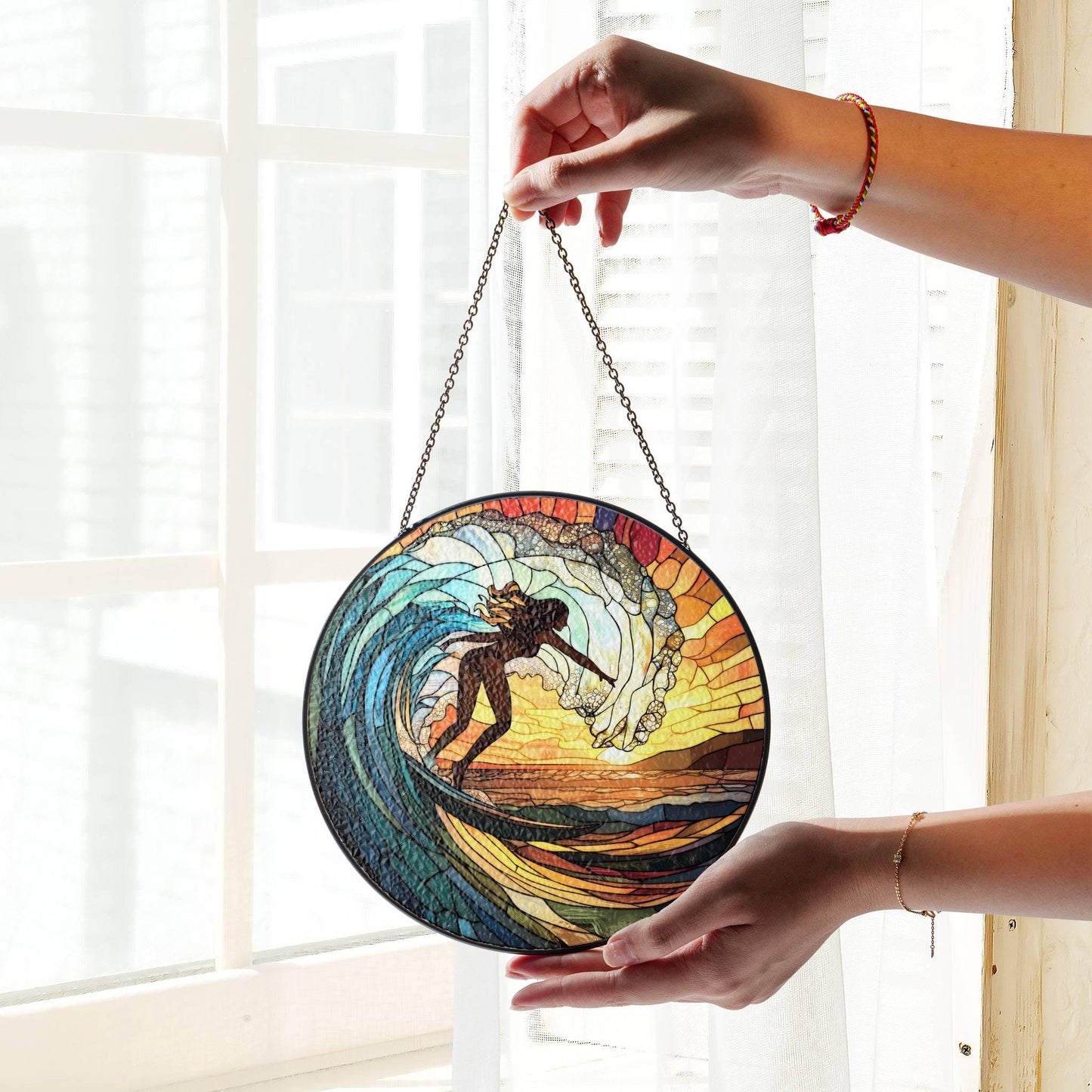Surfing Stained Glass Sun Catcher - Beach Sunset Window Decor for Surf Lovers