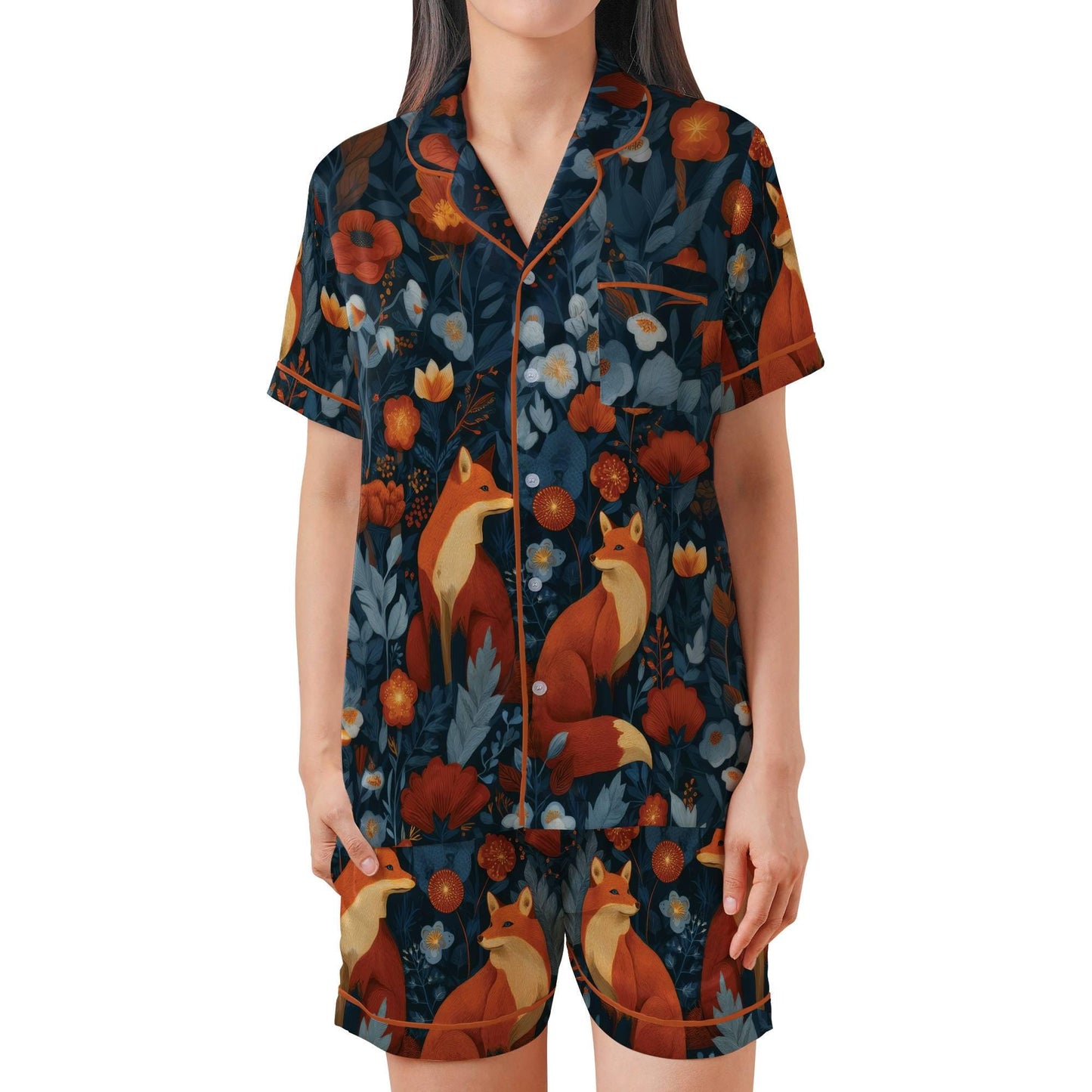 Fox Pajama Set Short Sleeves Red Fox Woman's Colorful Satin Pajama Short Sleeve