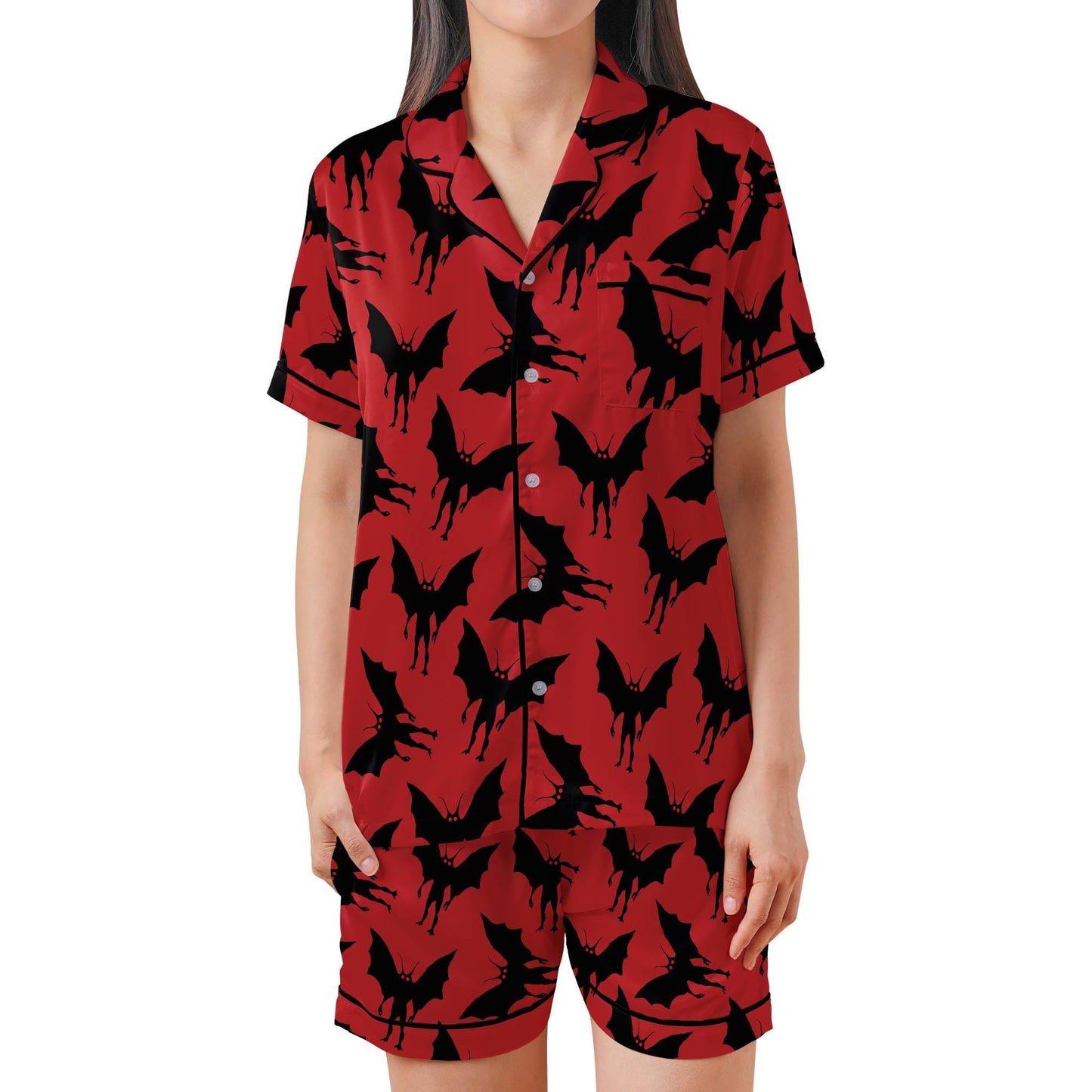 Mothman Short Sleeves Pajama Set, Moth Man Woman's Red Satin Pajamas