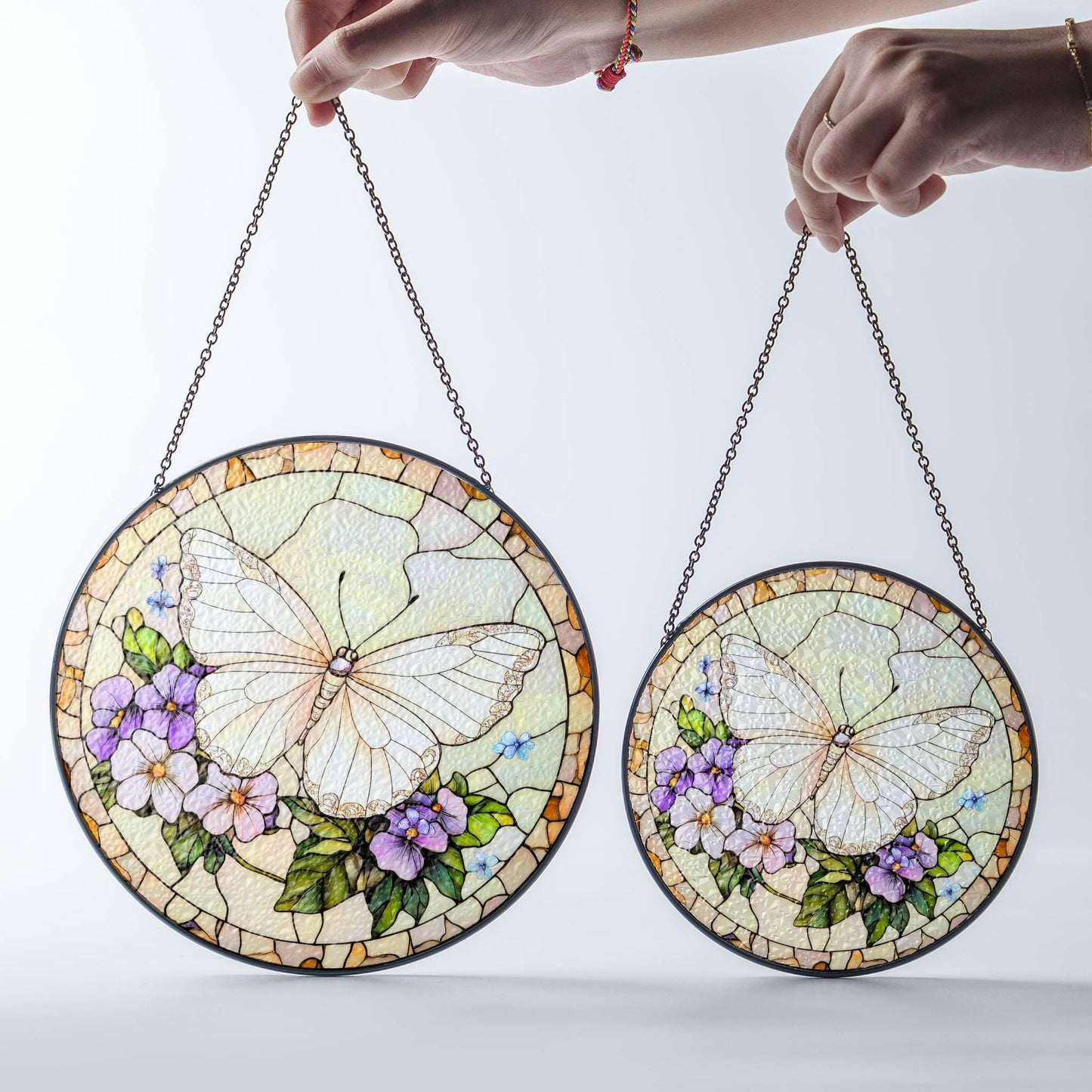 White Butterfly Stained Glass Sun Catcher - Floral Window Hanging Decor