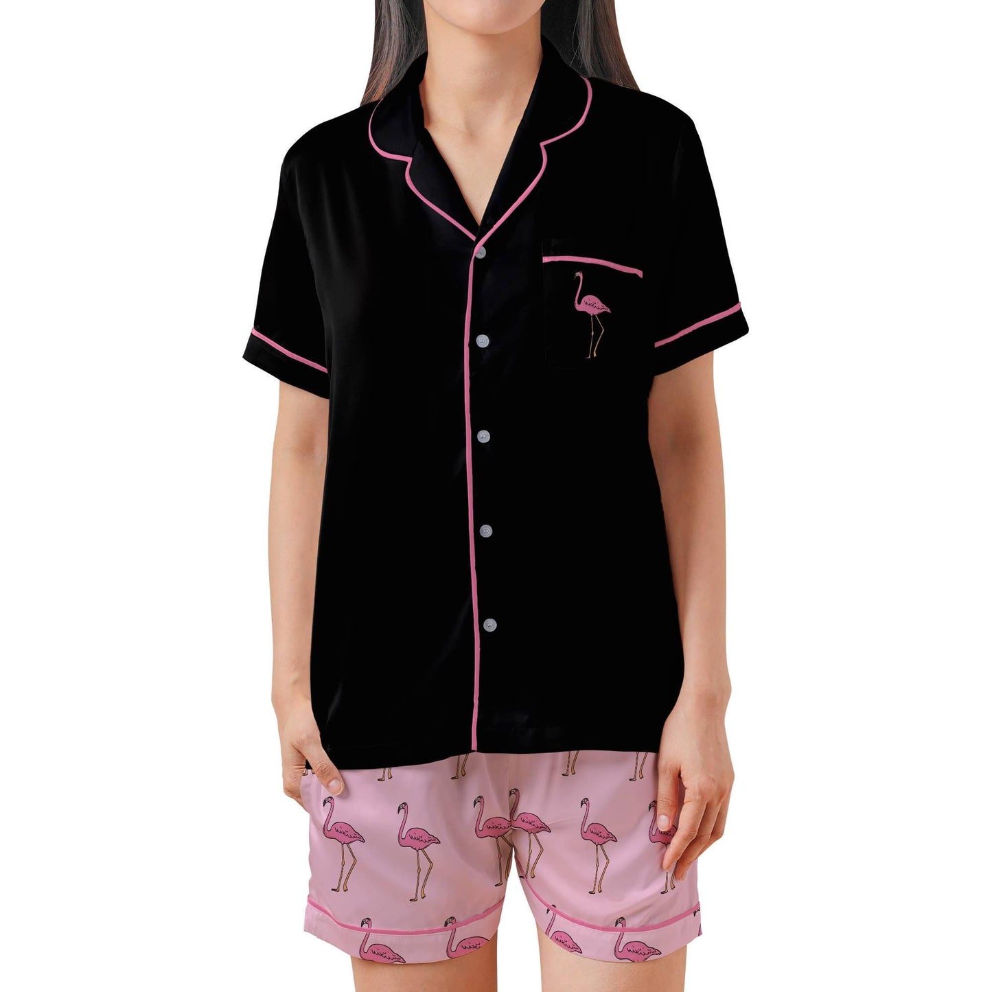 Flamingo Satin Pajama Set - Womens Short Sleeve Pink Black Sleepwear