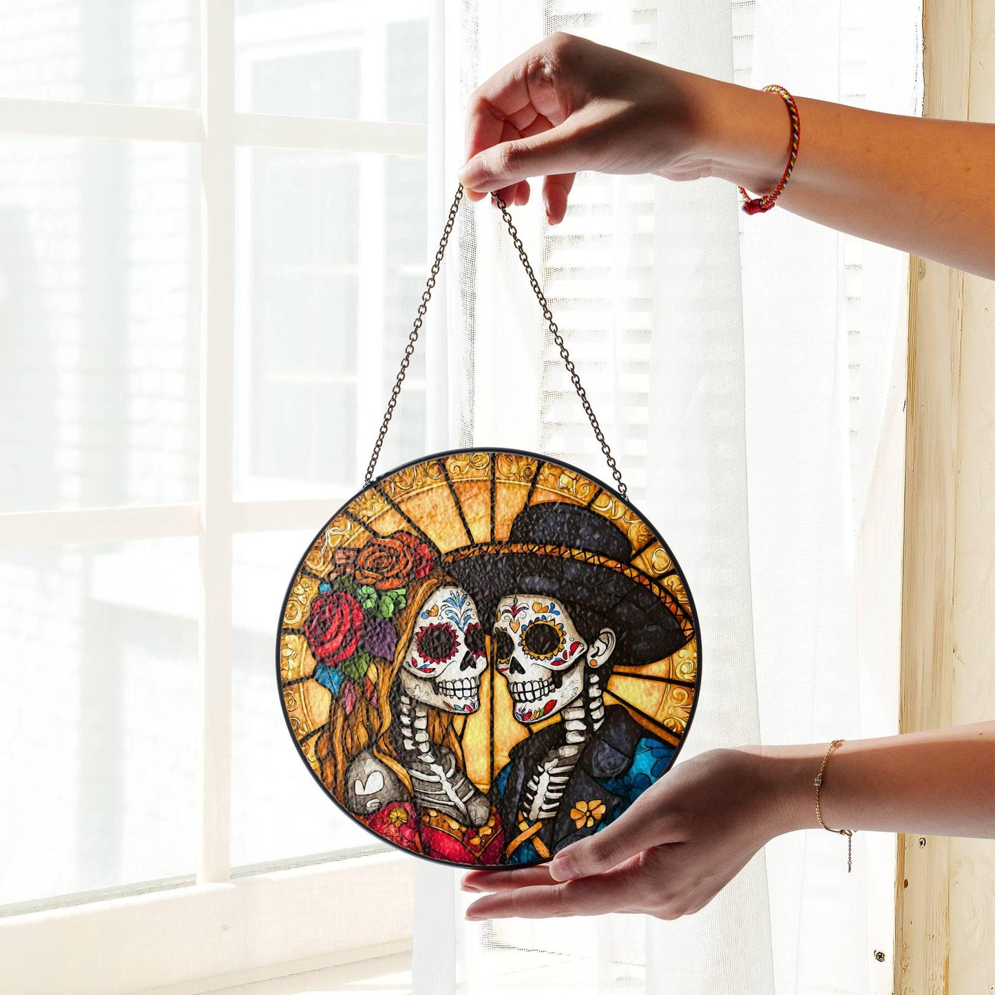 Day of the Dead Sugar Skull Couple Stained Glass SunCatcher Dia de los Muertos