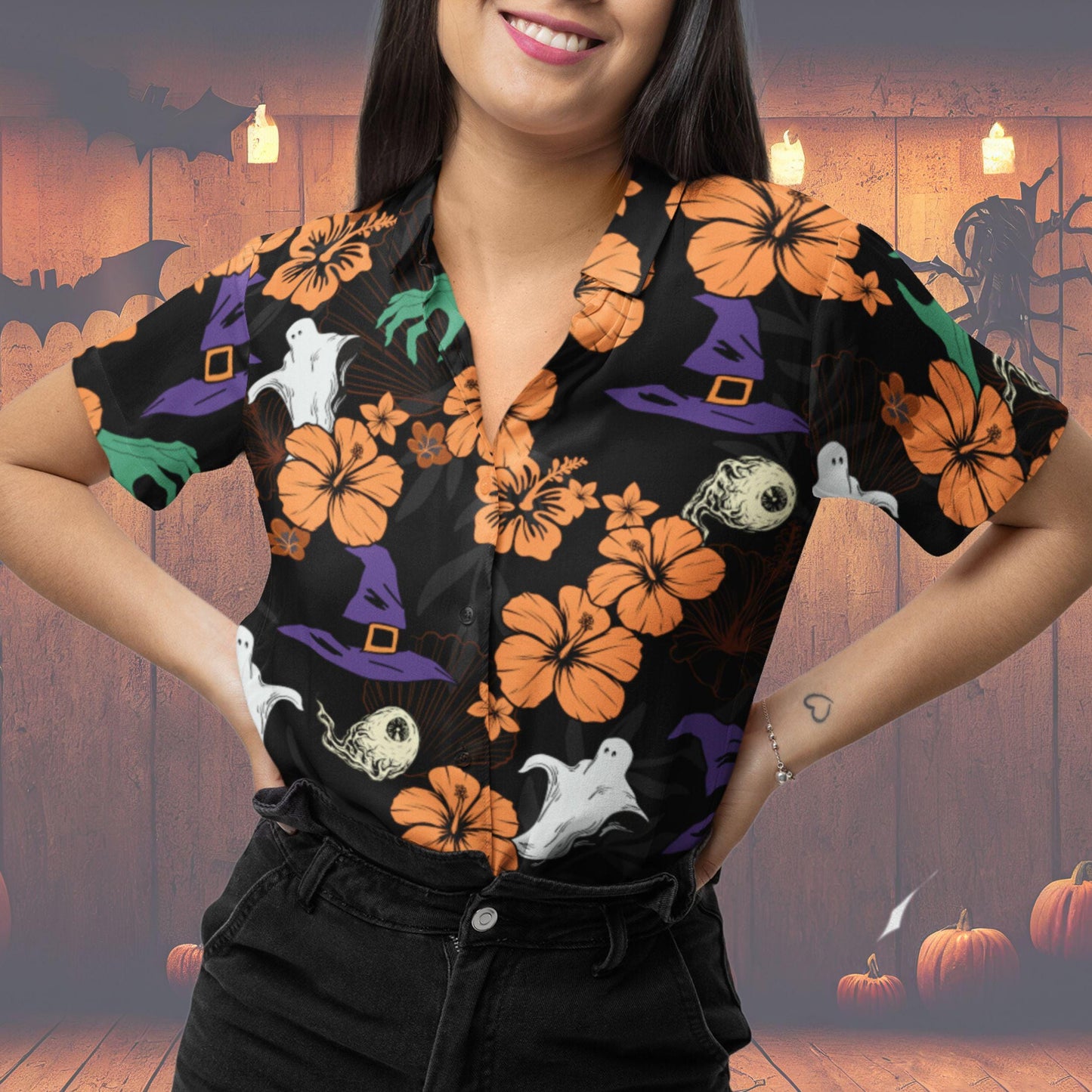 Halloween Hawaiian Shirt, Halloween Button Down Shirt Ghost Witch Skeleton Halloween Pattern