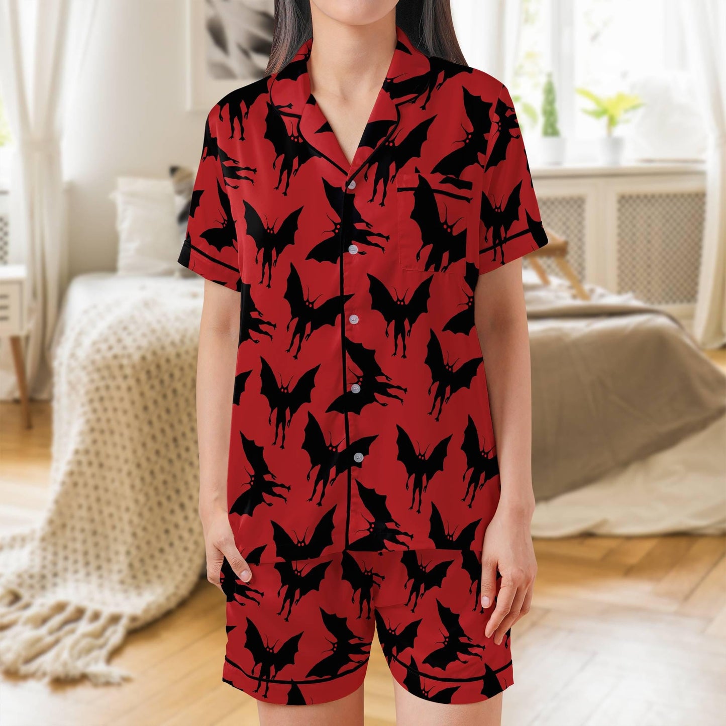 Mothman Short Sleeves Pajama Set, Moth Man Woman's Red Satin Pajamas