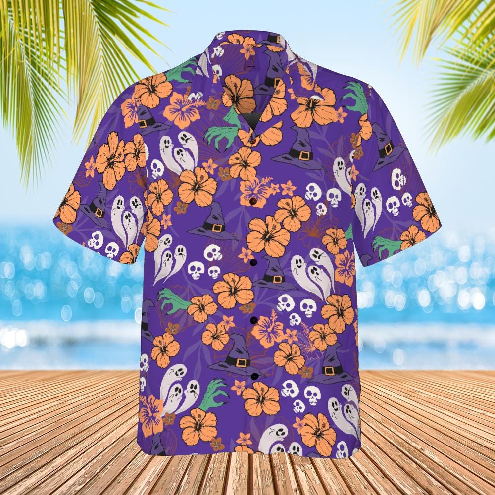 Halloween Hawaiian Shirt, Halloween Button Up Shirt Ghost Witch Halloween Pattern