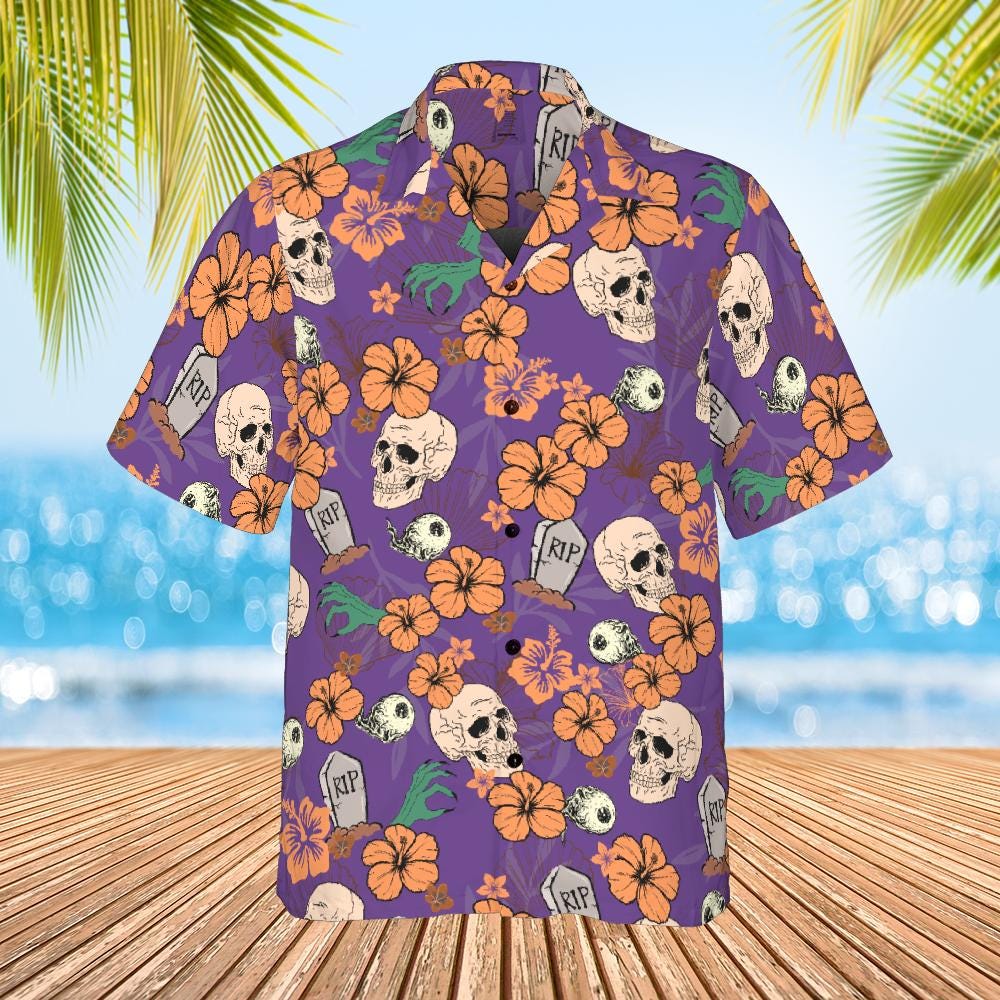 Halloween Button Down Shirt, Halloween Hawaiian Shirt Skeleton Halloween Pattern