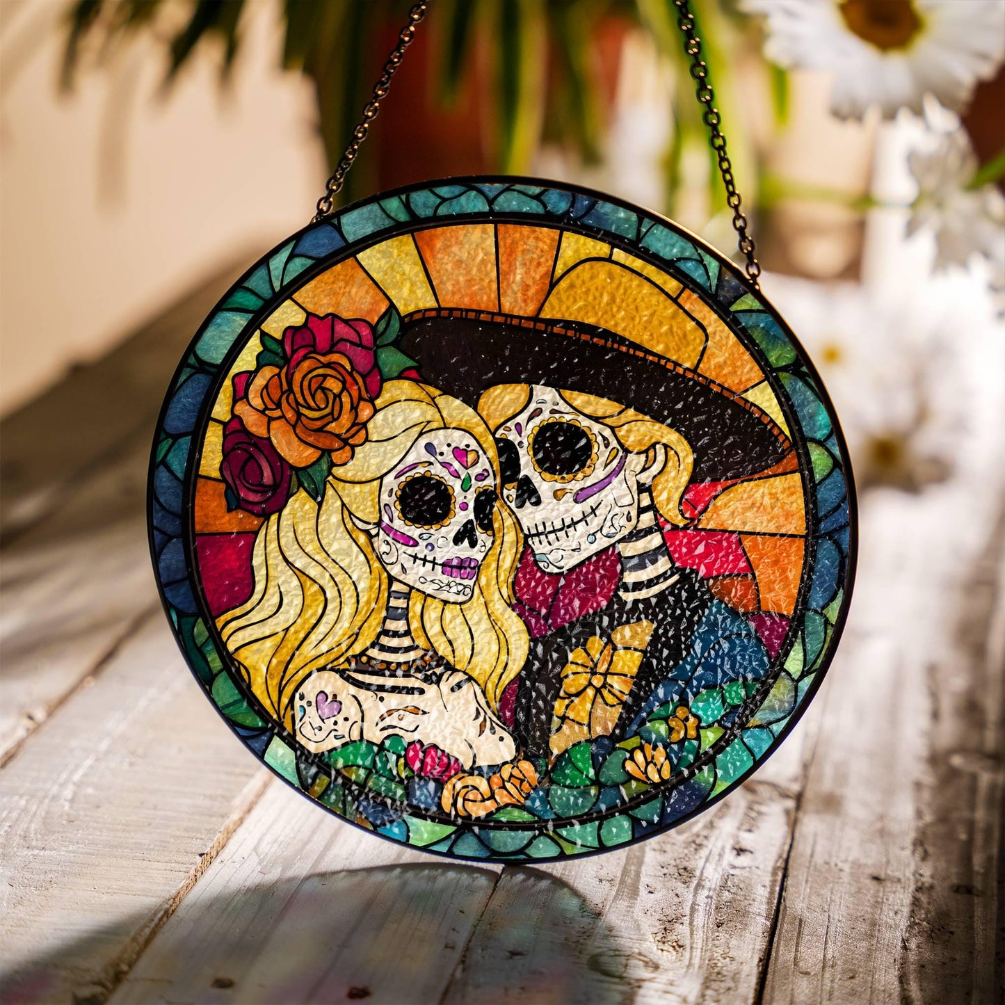 Day of the Dead Sugar Skull Couple Stained Glass SunCatcher Dia de los Muertos