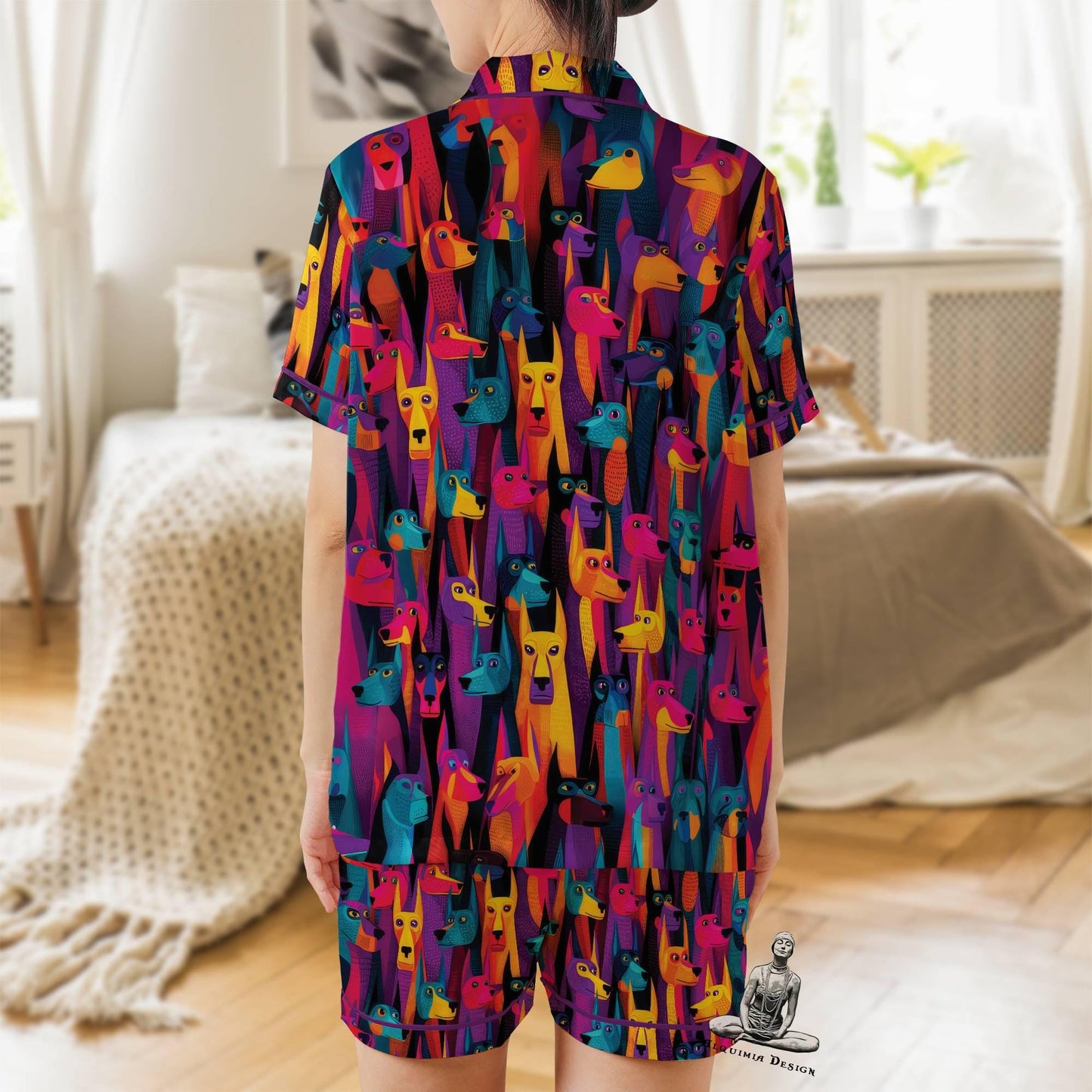 Dog Pajama Set Short Sleeves, Doberman Dog Lover Woman's Satin Pajamas