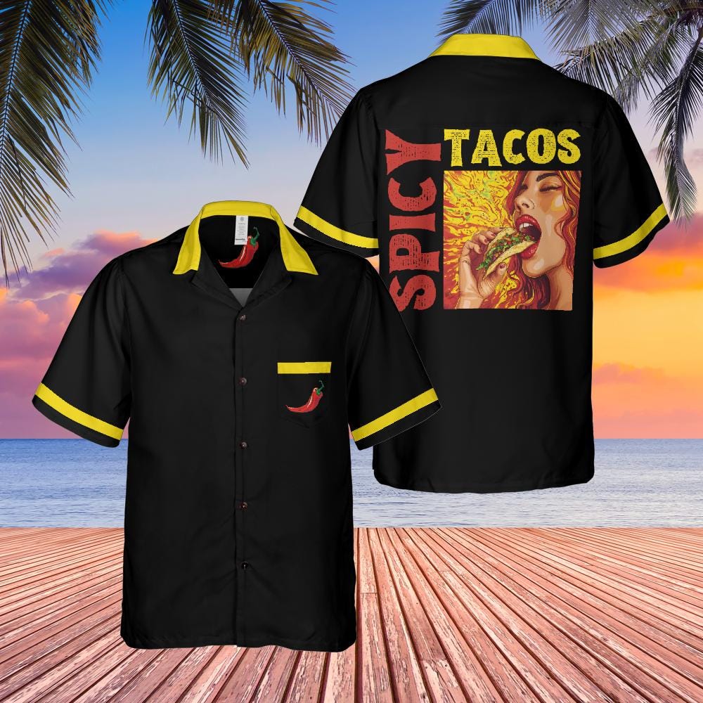 Spicy Tacos Button Down Shirt with Pocket, Taco Shirt Spicy Food Short-sleeve Hawaiian Shirt Spicy Chili Foodie Shirt