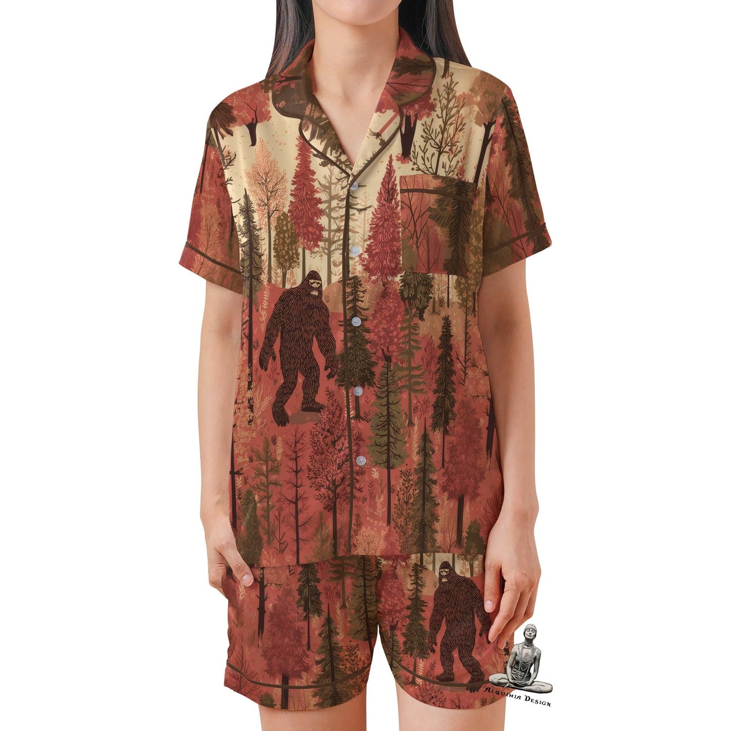 Bigfoot Satin Pajama Set - Sasquatch Womens Short Sleeve Shorts Sleepwear