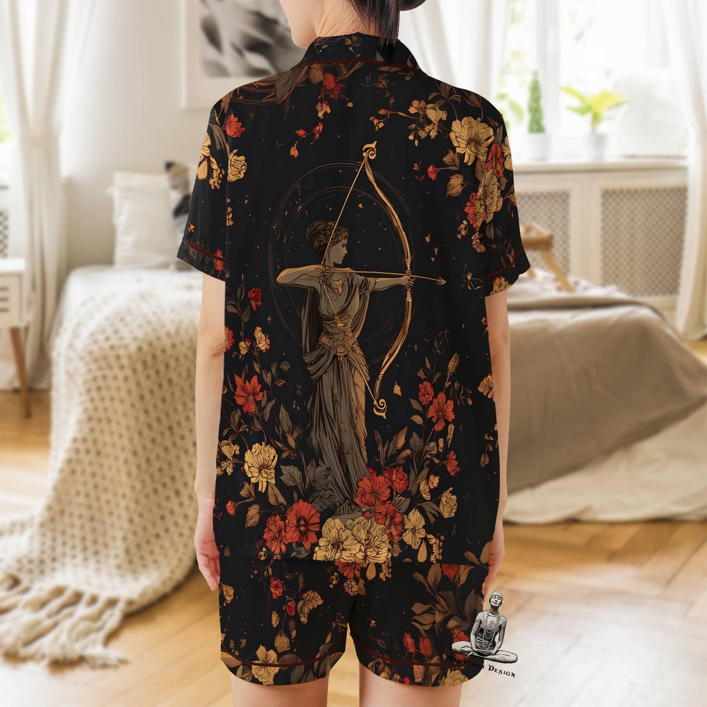 Artemis Pajamas Set Short Sleeves, Artemis Greek Goddess Woman's Satin Pajama