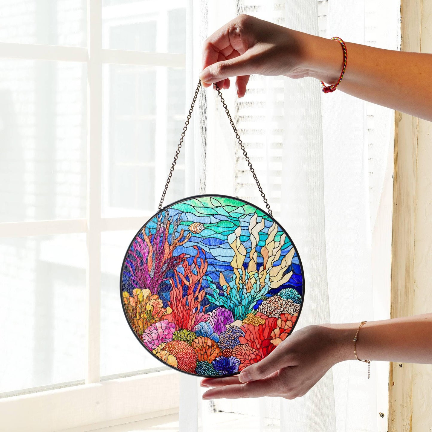 Coral Reef Stained Glass Sun Catcher - Ocean Art Window Hanging for Sea Lovers