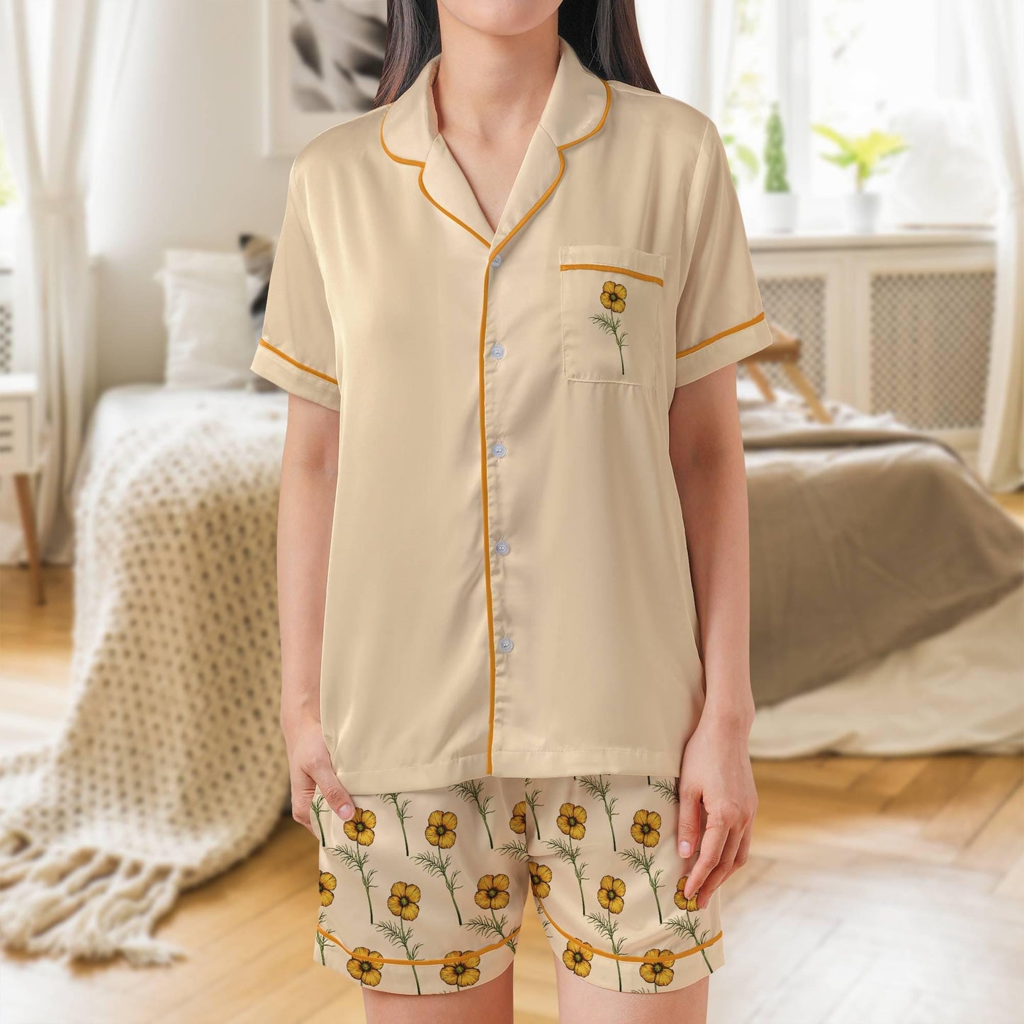California Poppy Satin Pajama Set - Womens Short Sleeve Poppy Floral Sleepwear