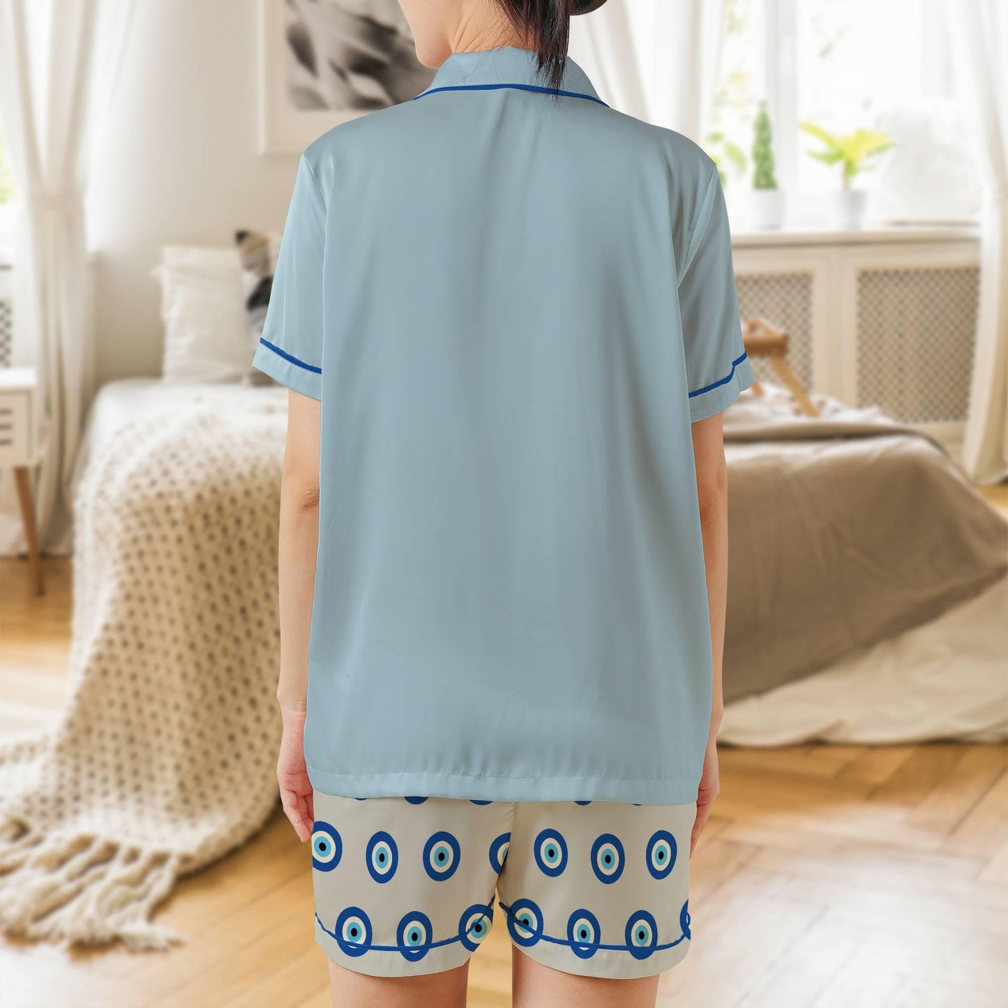 Evil Eye Pajama Set Short Sleeves, Evil Eye Woman's Satin Pajama Short Sleeve