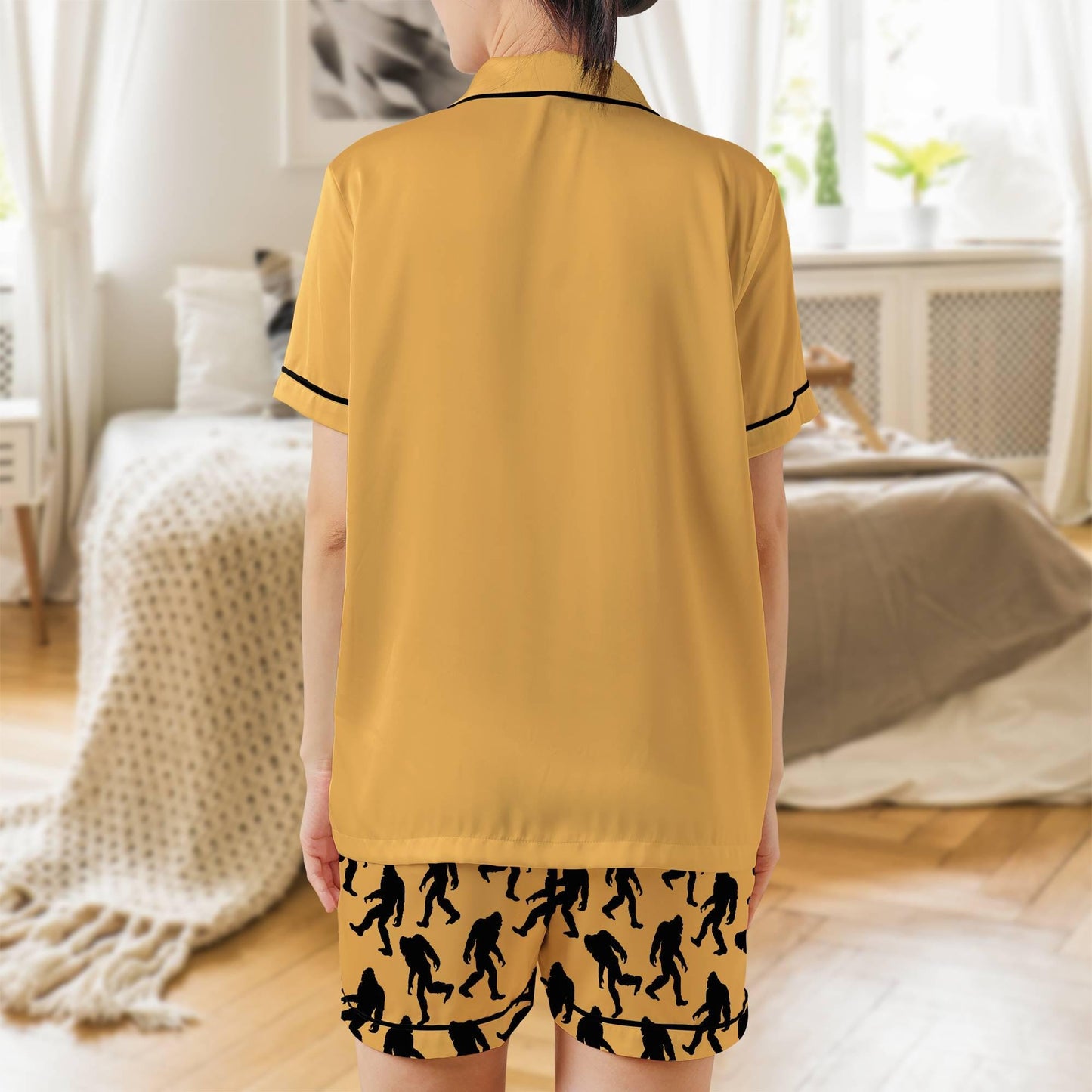 Bigfoot Satin Pajama Set - Sasquatch Womens Short Sleeve Shorts Sleepwear