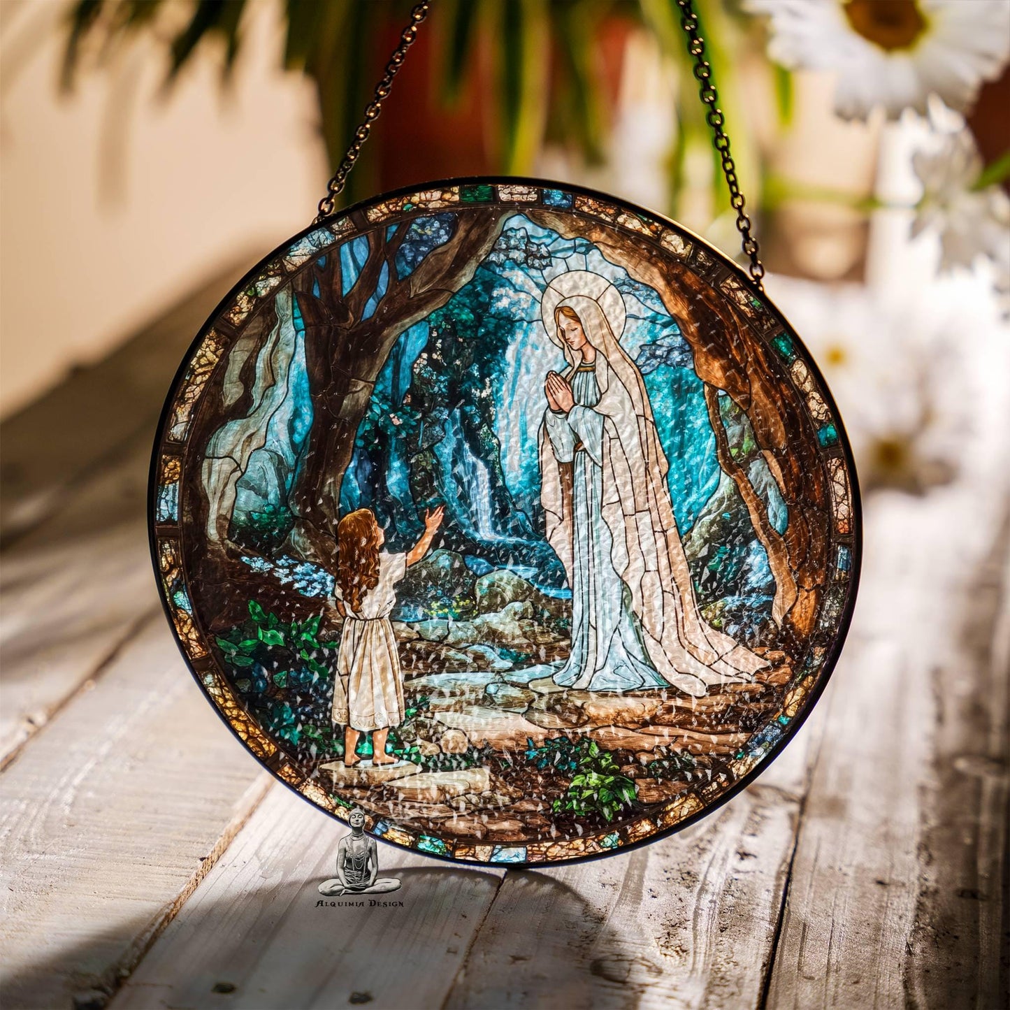 Stained Glass Lady of Lourdes Suncatcher Virgin Mary Religious Window Hanging