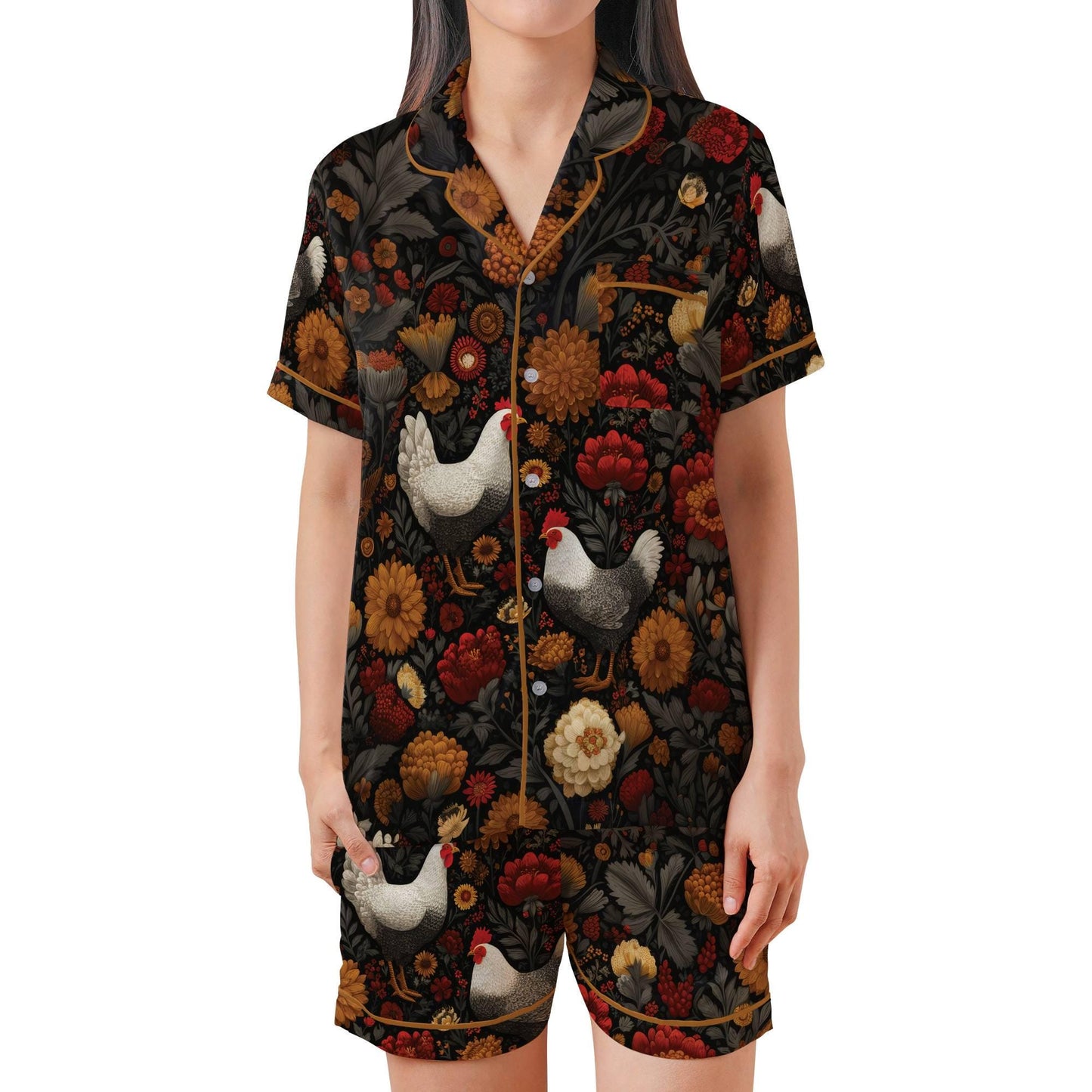 Chicken Short Sleeves Pajama Set, Farm Animal Lover Woman's Satin Pajamas