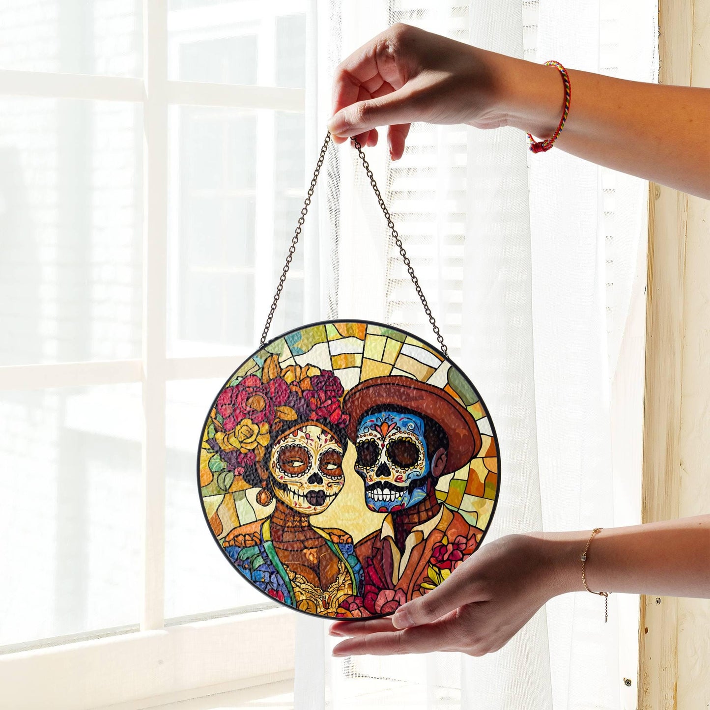 Day of the Dead Sugar Skull Couple Stained Glass SunCatcher Dia de los Muertos