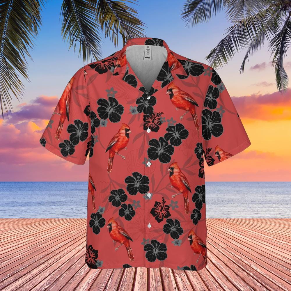 Red Cardinal Hawaiian Shirt, Bird Lover Shirt Red Cardinal Short-sleeve Hawaiian Shirt Birdwatching Shirt Bird Watching