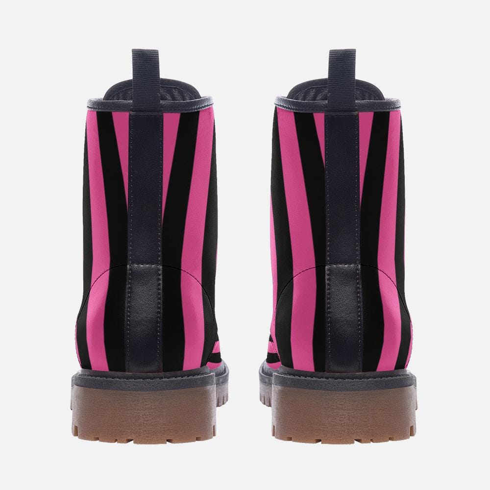 Black & Hot Pink Stripes Boots Vegan Leather Lightweight Combat Boots Boots