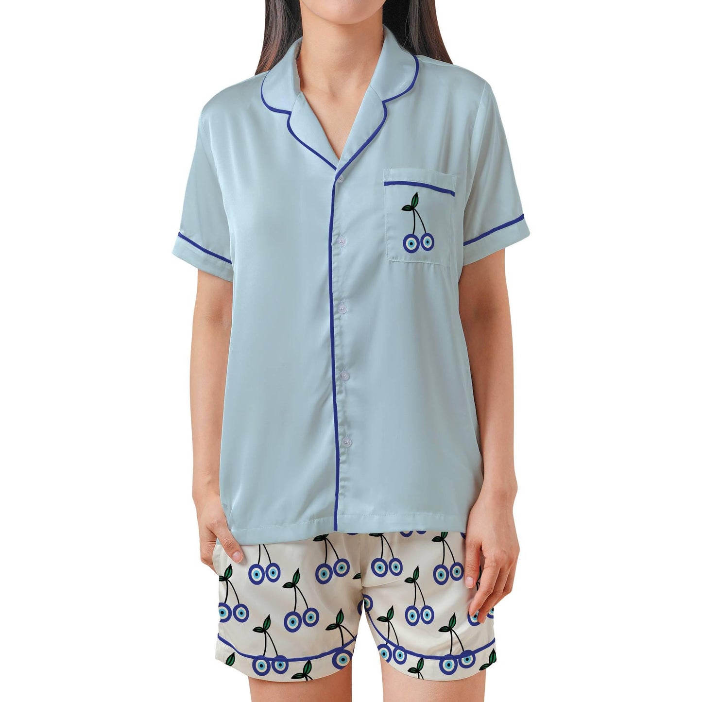 Evil Eye Cherry Satin Pajama Set - Protection Womens Short Sleeve Sleepwear