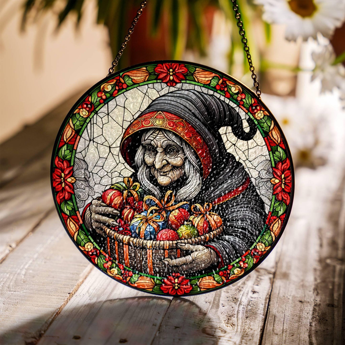 La Befana Suncatcher Faux Stained Glass Italian Christmas Baboushka Window Decor