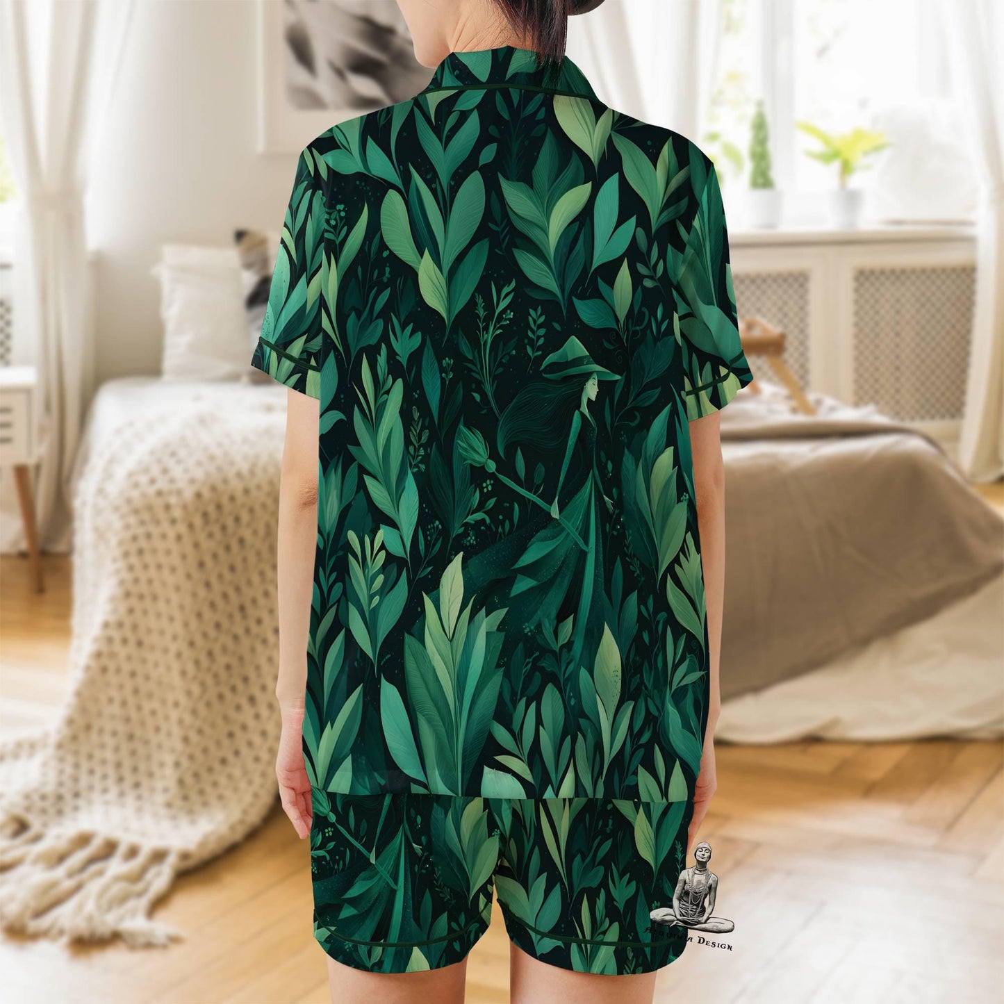 Green Witch Satin Pajama Set - Short Sleeve Wiccan Gift for Plant Lovers Witch